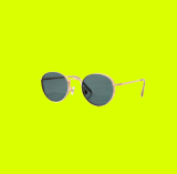 Óculos de Sol com lentes arredondadas e armação dourada, em fundo verde limão.